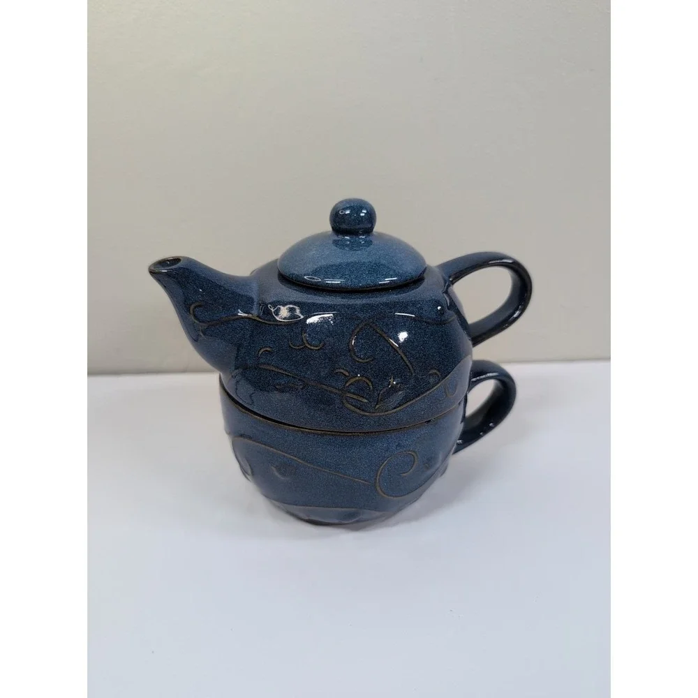 Pier 1 Teapot With Lid & Mug Stoneware Indigo Blue Embossed Perfect for one